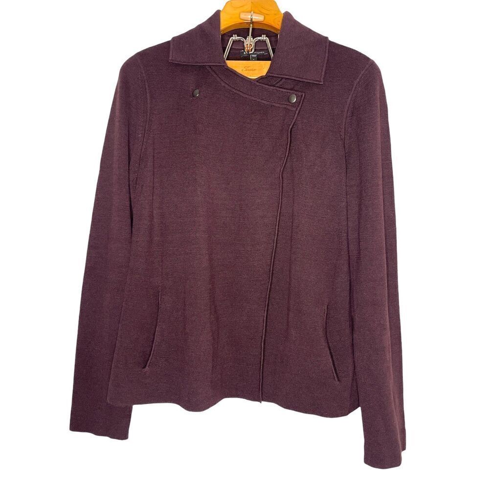 Eileen Fisher Women Biker Jacket Silk Blend Burgundy Knit Cardigan Sz: L